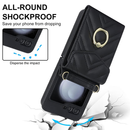 For Samsung Galaxy Z Flip6 V-shaped RFID Card Slot Phone Case with Ring Holder(Black) - Galaxy Z Flip6 5G Cases by buy2fix | Online Shopping UK | buy2fix