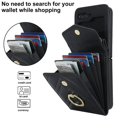 For Samsung Galaxy Z Flip6 V-shaped RFID Card Slot Phone Case with Ring Holder(Black) - Galaxy Z Flip6 5G Cases by buy2fix | Online Shopping UK | buy2fix