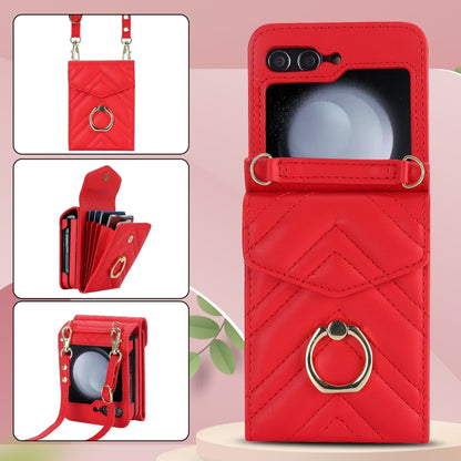 For Samsung Galaxy Z Flip6 V-shaped RFID Card Slot Phone Case with Ring Holder(Red) - Galaxy Z Flip6 5G Cases by buy2fix | Online Shopping UK | buy2fix