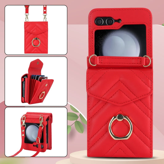 For Samsung Galaxy Z Flip6 V-shaped RFID Card Slot Phone Case with Ring Holder(Red) - Galaxy Z Flip6 5G Cases by buy2fix | Online Shopping UK | buy2fix