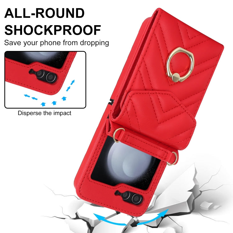For Samsung Galaxy Z Flip6 V-shaped RFID Card Slot Phone Case with Ring Holder(Red) - Galaxy Z Flip6 5G Cases by buy2fix | Online Shopping UK | buy2fix
