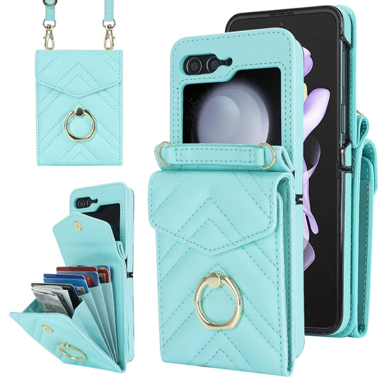 For Samsung Galaxy Z Flip6 / Flip7 FE V-shaped RFID Card Slot Phone Case with Ring Holder(Green)