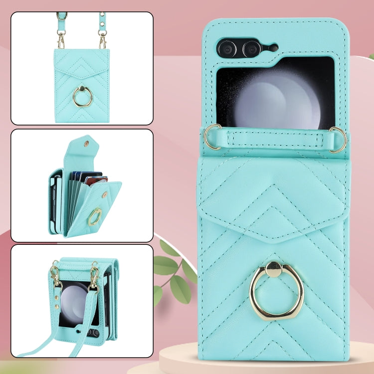 For Samsung Galaxy Z Flip6 / Flip7 FE V-shaped RFID Card Slot Phone Case with Ring Holder(Green) - Galaxy Z Flip6 5G Cases by buy2fix | Online Shopping UK | buy2fix