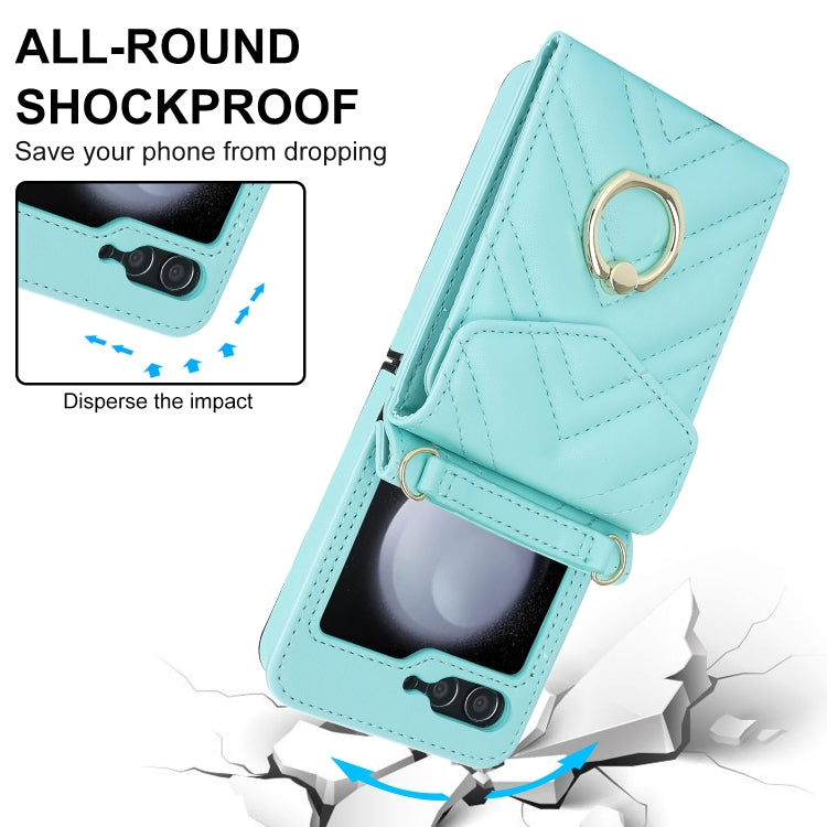 For Samsung Galaxy Z Flip6 / Flip7 FE V-shaped RFID Card Slot Phone Case with Ring Holder(Green) - Galaxy Z Flip6 5G Cases by buy2fix | Online Shopping UK | buy2fix