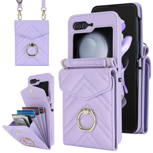 For Samsung Galaxy Z Flip6 / Flip7 FE V-shaped RFID Card Slot Phone Case with Ring Holder(Purple) - Galaxy Z Flip6 5G Cases by buy2fix | Online Shopping UK | buy2fix