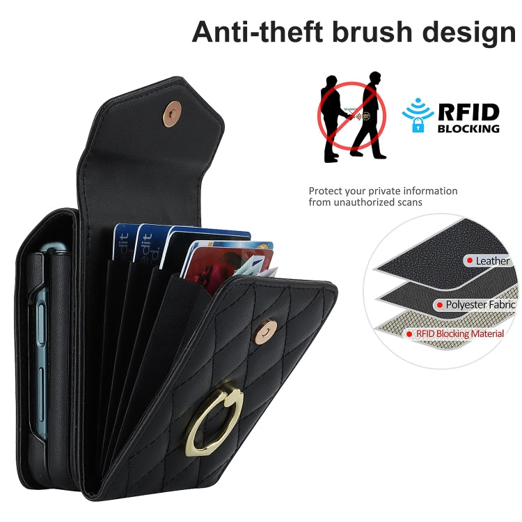 For Samsung Galaxy Z Flip5 Diamond Lattice RFID Card Slot Phone Case with Ring Holder(Black) - Galaxy Z Flip5 Cases by buy2fix | Online Shopping UK | buy2fix