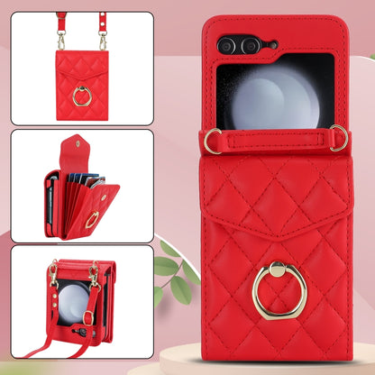 For Samsung Galaxy Z Flip5 Diamond Lattice RFID Card Slot Phone Case with Ring Holder(Red) - Galaxy Z Flip5 Cases by buy2fix | Online Shopping UK | buy2fix