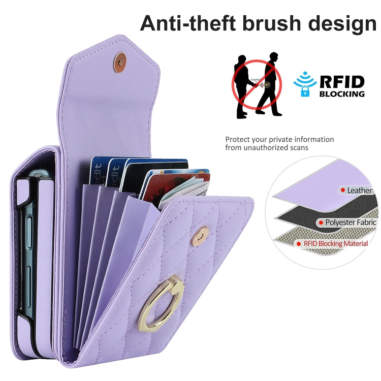 For Samsung Galaxy Z Flip5 Diamond Lattice RFID Card Slot Phone Case with Ring Holder(Purple) - Galaxy Z Flip5 Cases by buy2fix | Online Shopping UK | buy2fix