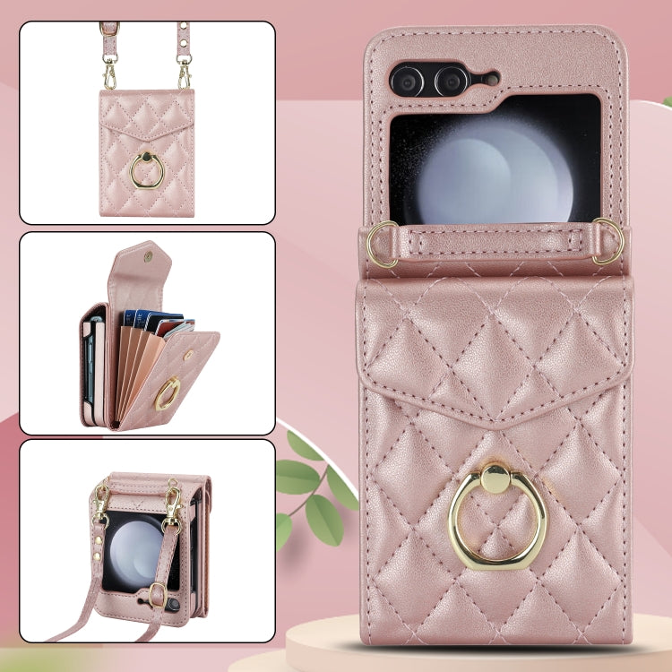 For Samsung Galaxy Z Flip5 Diamond Lattice RFID Card Slot Phone Case with Ring Holder(Rose Gold) - Galaxy Z Flip5 Cases by buy2fix | Online Shopping UK | buy2fix