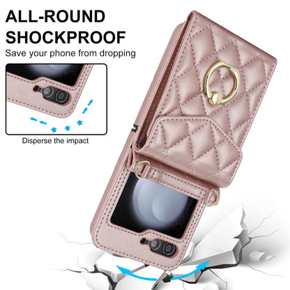 For Samsung Galaxy Z Flip5 Diamond Lattice RFID Card Slot Phone Case with Ring Holder(Rose Gold) - Galaxy Z Flip5 Cases by buy2fix | Online Shopping UK | buy2fix