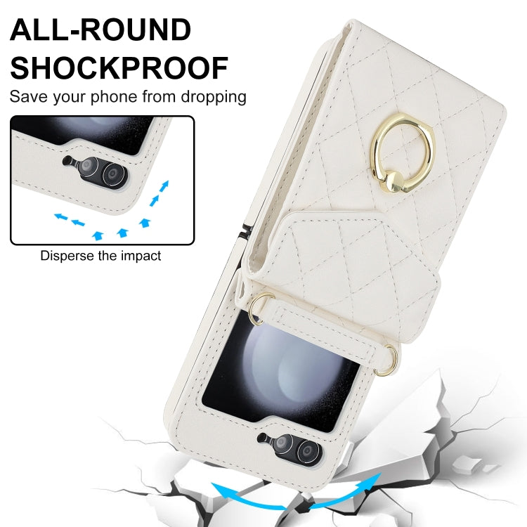 For Samsung Galaxy Z Flip6 Diamond Lattice RFID Card Slot Phone Case with Ring Holder(White) - Galaxy Z Flip6 5G Cases by buy2fix | Online Shopping UK | buy2fix
