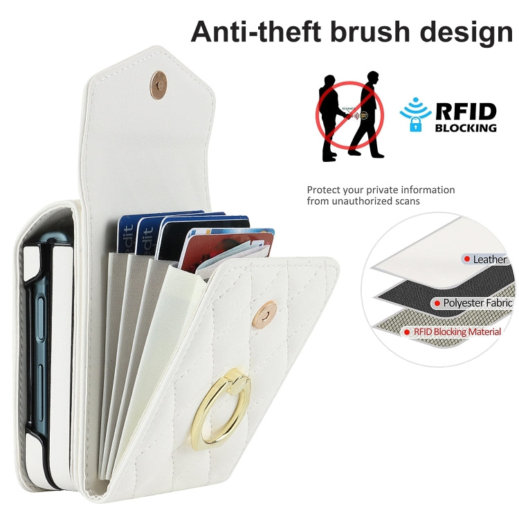 For Samsung Galaxy Z Flip6 Diamond Lattice RFID Card Slot Phone Case with Ring Holder(White) - Galaxy Z Flip6 5G Cases by buy2fix | Online Shopping UK | buy2fix