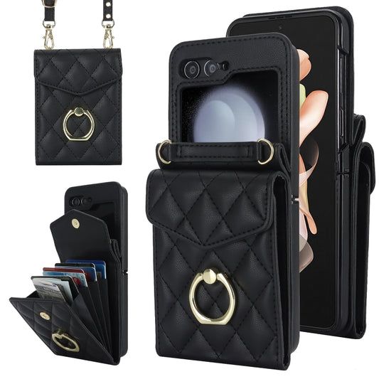 For Samsung Galaxy Z Flip6 Diamond Lattice RFID Card Slot Phone Case with Ring Holder(Black) - Galaxy Z Flip6 5G Cases by buy2fix | Online Shopping UK | buy2fix