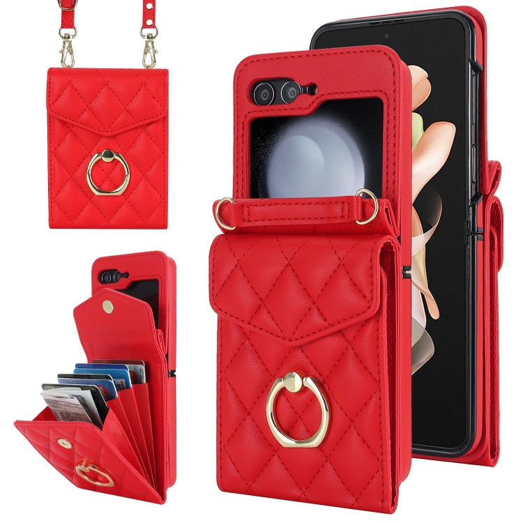 For Samsung Galaxy Z Flip6 / Flip7 FE Diamond Lattice RFID Card Slot Phone Case with Ring Holder(Red) - Galaxy Z Flip6 5G Cases by buy2fix | Online Shopping UK | buy2fix