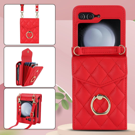 For Samsung Galaxy Z Flip6 / Flip7 FE Diamond Lattice RFID Card Slot Phone Case with Ring Holder(Red) - Galaxy Z Flip6 5G Cases by buy2fix | Online Shopping UK | buy2fix