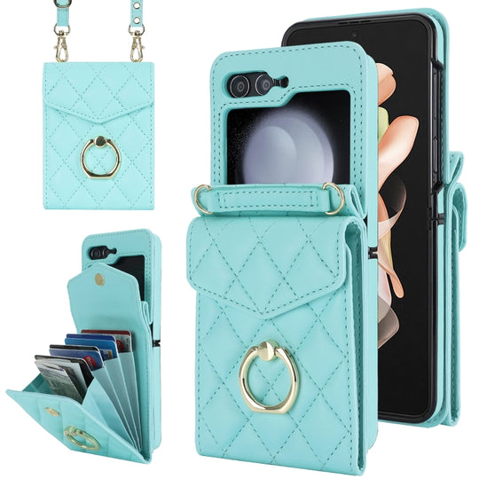 For Samsung Galaxy Z Flip6 / Flip7 FE Diamond Lattice RFID Card Slot Phone Case with Ring Holder(Green)