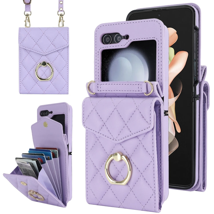 For Samsung Galaxy Z Flip6 / Flip7 FE Diamond Lattice RFID Card Slot Phone Case with Ring Holder(Purple) - Galaxy Z Flip6 5G Cases by buy2fix | Online Shopping UK | buy2fix