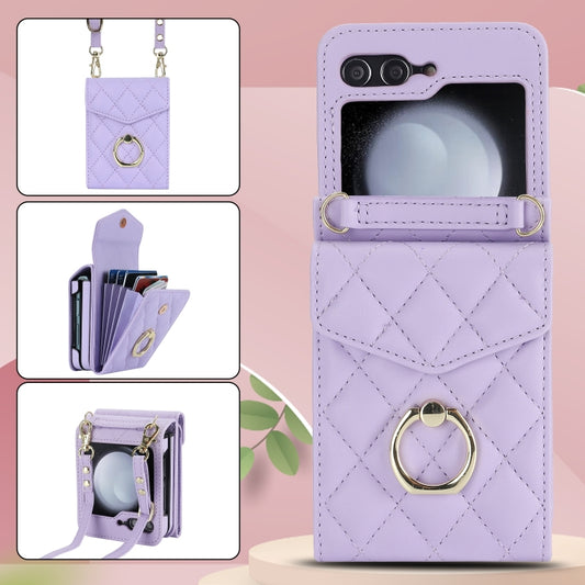 For Samsung Galaxy Z Flip6 / Flip7 FE Diamond Lattice RFID Card Slot Phone Case with Ring Holder(Purple) - Galaxy Z Flip6 5G Cases by buy2fix | Online Shopping UK | buy2fix