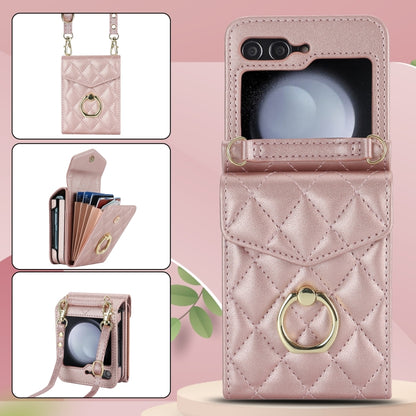 For Samsung Galaxy Z Flip6 Diamond Lattice RFID Card Slot Phone Case with Ring Holder(Rose Gold) - Galaxy Z Flip6 5G Cases by buy2fix | Online Shopping UK | buy2fix