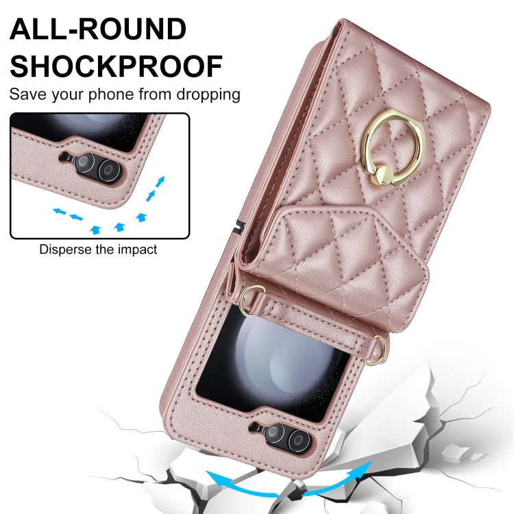 For Samsung Galaxy Z Flip6 Diamond Lattice RFID Card Slot Phone Case with Ring Holder(Rose Gold) - Galaxy Z Flip6 5G Cases by buy2fix | Online Shopping UK | buy2fix