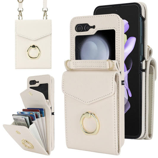 For Samsung Galaxy Z Flip5 Litchi Texture RFID Card Slot Phone Case with Ring Holder(White) - Galaxy Z Flip5 Cases by buy2fix | Online Shopping UK | buy2fix