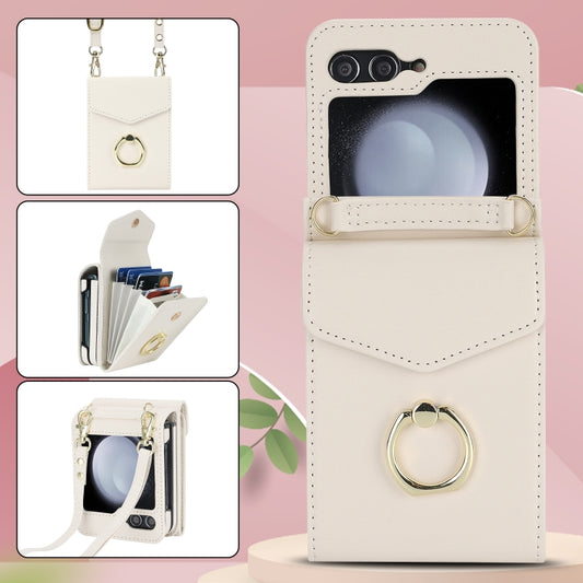 For Samsung Galaxy Z Flip5 Litchi Texture RFID Card Slot Phone Case with Ring Holder(White) - Galaxy Z Flip5 Cases by buy2fix | Online Shopping UK | buy2fix