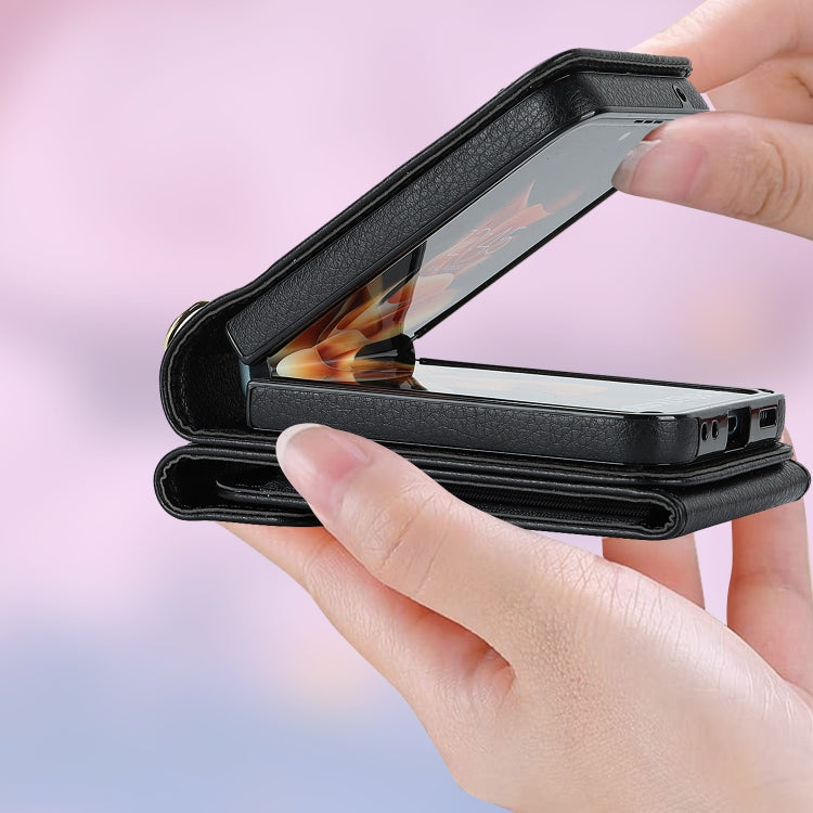 For Samsung Galaxy Z Flip5 Litchi Texture RFID Card Slot Phone Case with Ring Holder(Black) - Galaxy Z Flip5 Cases by buy2fix | Online Shopping UK | buy2fix