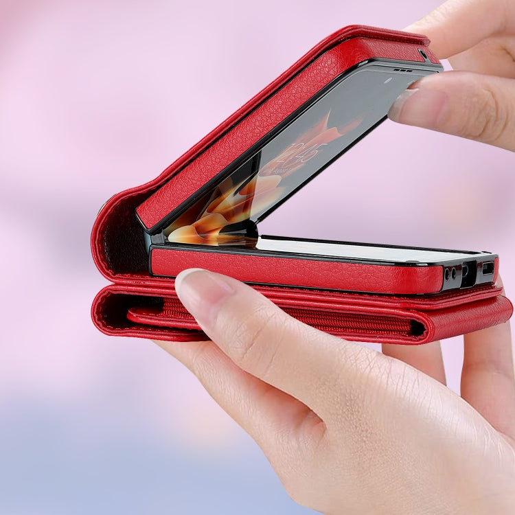 For Samsung Galaxy Z Flip5 Litchi Texture RFID Card Slot Phone Case with Ring Holder(Red) - Galaxy Z Flip5 Cases by buy2fix | Online Shopping UK | buy2fix