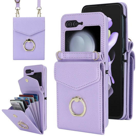 For Samsung Galaxy Z Flip5 Litchi Texture RFID Card Slot Phone Case with Ring Holder(Purple) - Galaxy Z Flip5 Cases by buy2fix | Online Shopping UK | buy2fix