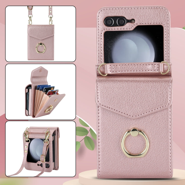 For Samsung Galaxy Z Flip5 Litchi Texture RFID Card Slot Phone Case with Ring Holder(Rose Gold) - Galaxy Z Flip5 Cases by buy2fix | Online Shopping UK | buy2fix