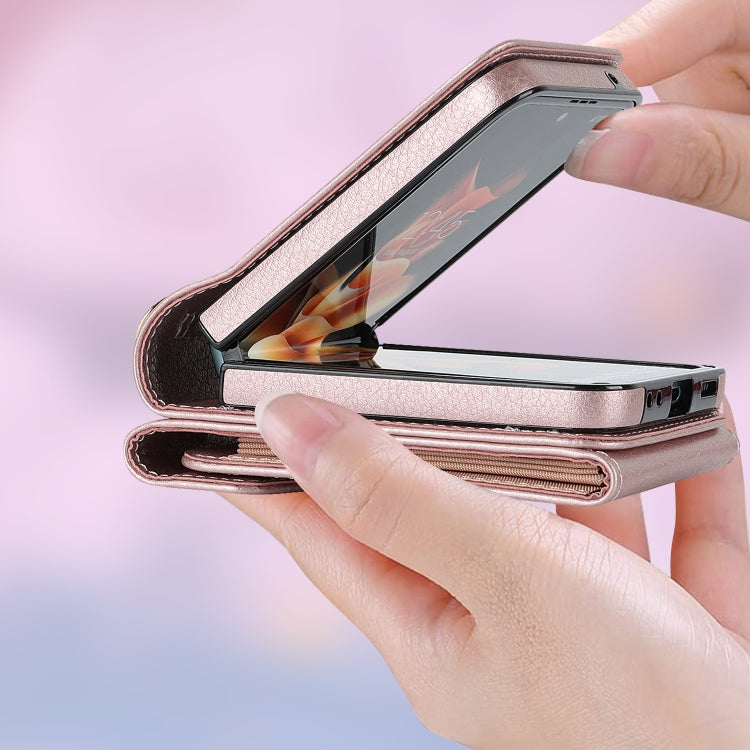 For Samsung Galaxy Z Flip5 Litchi Texture RFID Card Slot Phone Case with Ring Holder(Rose Gold) - Galaxy Z Flip5 Cases by buy2fix | Online Shopping UK | buy2fix