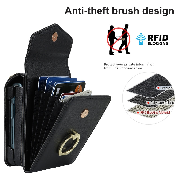 For Samsung Galaxy Z Flip4 Litchi Texture RFID Card Slot Phone Case with Ring Holder(Black) - Galaxy Z Flip4 5G Cases by buy2fix | Online Shopping UK | buy2fix
