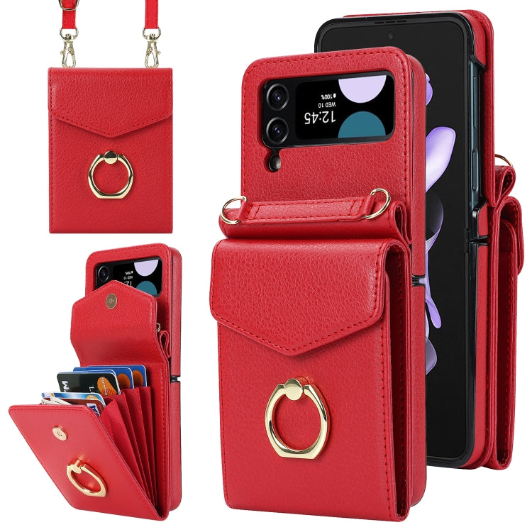 For Samsung Galaxy Z Flip4 Litchi Texture RFID Card Slot Phone Case with Ring Holder(Red) - Galaxy Z Flip4 5G Cases by buy2fix | Online Shopping UK | buy2fix