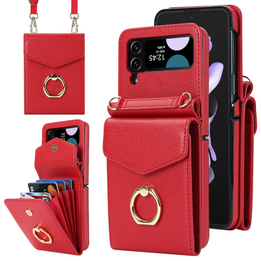 For Samsung Galaxy Z Flip4 Litchi Texture RFID Card Slot Phone Case with Ring Holder(Red) - Galaxy Z Flip4 5G Cases by buy2fix | Online Shopping UK | buy2fix