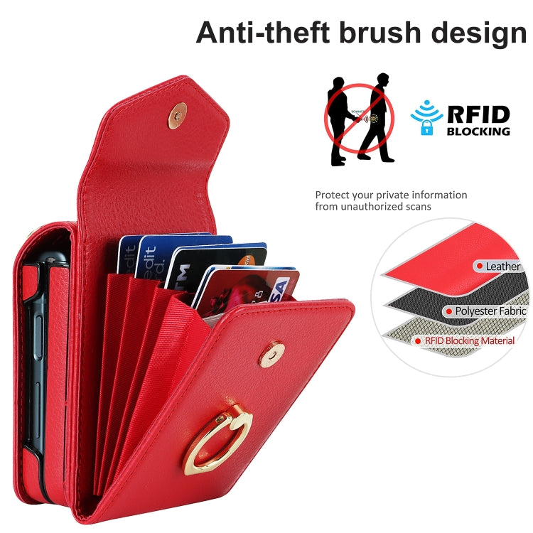 For Samsung Galaxy Z Flip4 Litchi Texture RFID Card Slot Phone Case with Ring Holder(Red) - Galaxy Z Flip4 5G Cases by buy2fix | Online Shopping UK | buy2fix