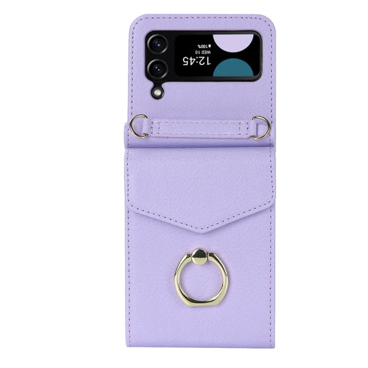For Samsung Galaxy Z Flip4 Litchi Texture RFID Card Slot Phone Case with Ring Holder(Purple) - Galaxy Z Flip4 5G Cases by buy2fix | Online Shopping UK | buy2fix