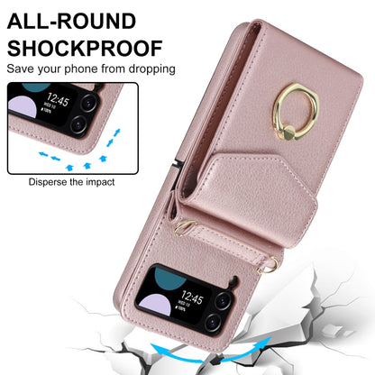 For Samsung Galaxy Z Flip4 Litchi Texture RFID Card Slot Phone Case with Ring Holder(Rose Gold) - Galaxy Z Flip4 5G Cases by buy2fix | Online Shopping UK | buy2fix