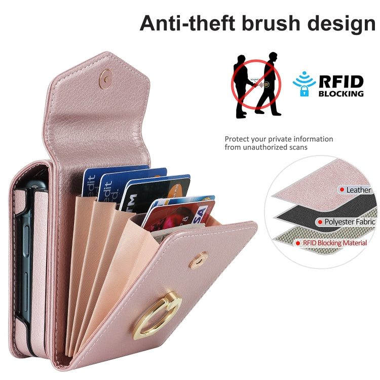 For Samsung Galaxy Z Flip4 Litchi Texture RFID Card Slot Phone Case with Ring Holder(Rose Gold) - Galaxy Z Flip4 5G Cases by buy2fix | Online Shopping UK | buy2fix