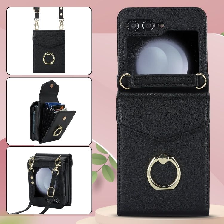 For Samsung Galaxy Z Flip6 Litchi Texture RFID Card Slot Phone Case with Ring Holder(Black) - Galaxy Z Flip6 5G Cases by buy2fix | Online Shopping UK | buy2fix