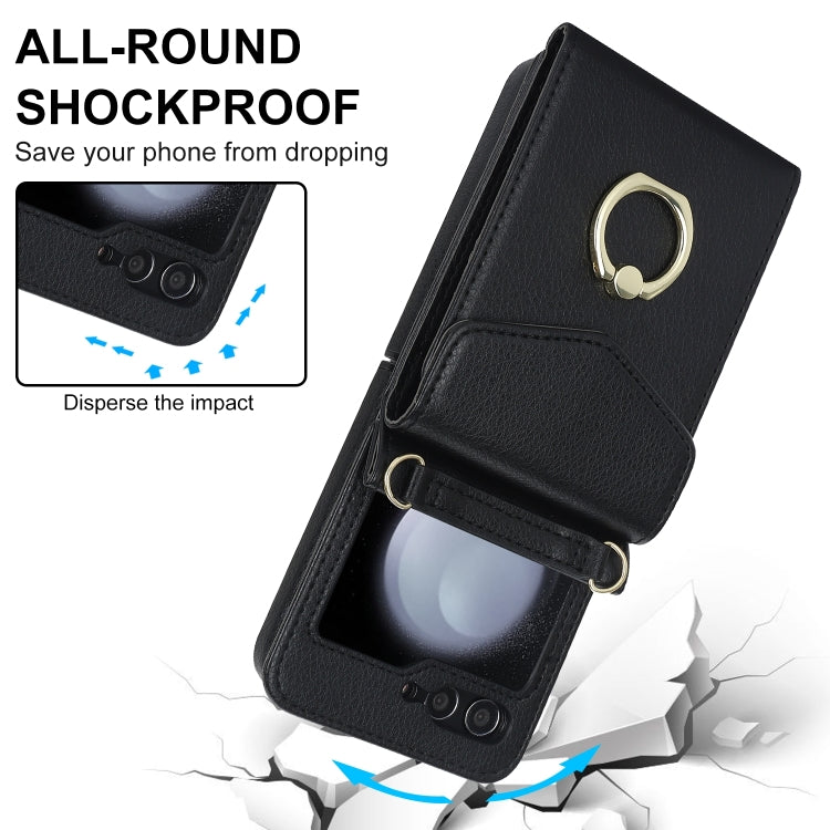 For Samsung Galaxy Z Flip6 Litchi Texture RFID Card Slot Phone Case with Ring Holder(Black) - Galaxy Z Flip6 5G Cases by buy2fix | Online Shopping UK | buy2fix