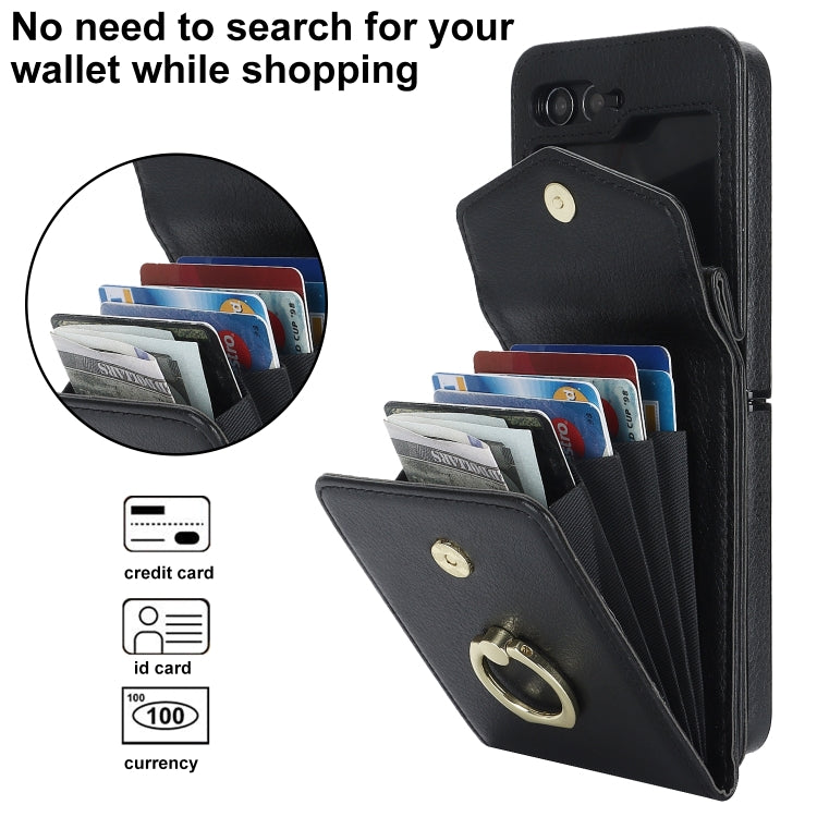 For Samsung Galaxy Z Flip6 Litchi Texture RFID Card Slot Phone Case with Ring Holder(Black) - Galaxy Z Flip6 5G Cases by buy2fix | Online Shopping UK | buy2fix