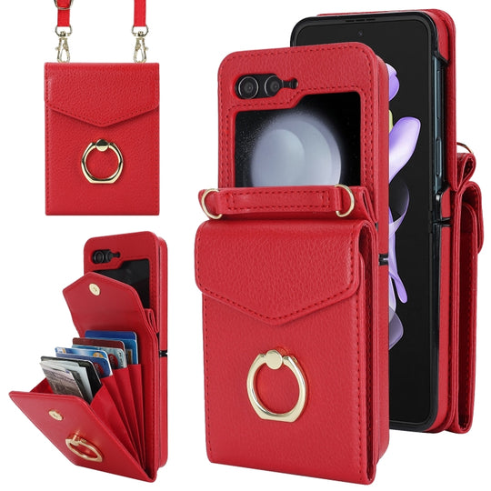 For Samsung Galaxy Z Flip6 / Flip7 FE Litchi Texture RFID Card Slot Phone Case with Ring Holder(Red)