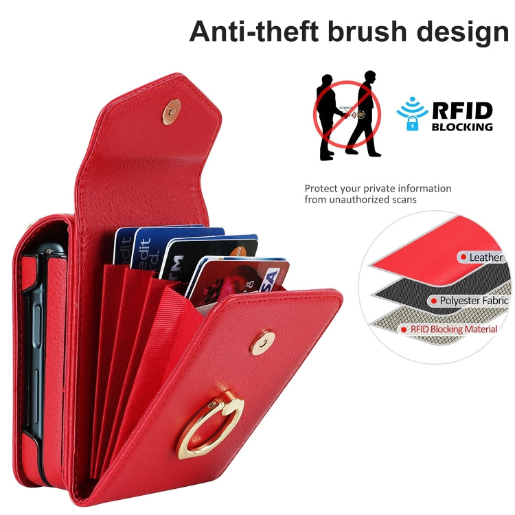 For Samsung Galaxy Z Flip6 / Flip7 FE Litchi Texture RFID Card Slot Phone Case with Ring Holder(Red) - Galaxy Z Flip6 5G Cases by buy2fix | Online Shopping UK | buy2fix