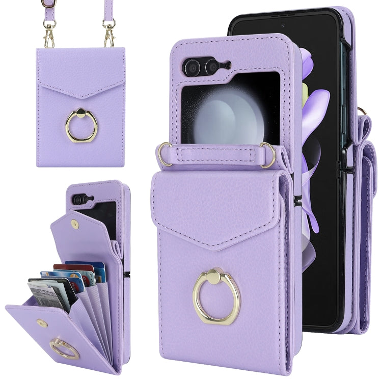 For Samsung Galaxy Z Flip6 / Flip7 FE Litchi Texture RFID Card Slot Phone Case with Ring Holder(Purple) - Galaxy Z Flip6 5G Cases by buy2fix | Online Shopping UK | buy2fix