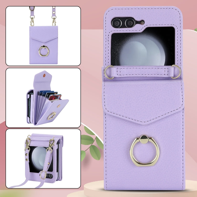 For Samsung Galaxy Z Flip6 / Flip7 FE Litchi Texture RFID Card Slot Phone Case with Ring Holder(Purple) - Galaxy Z Flip6 5G Cases by buy2fix | Online Shopping UK | buy2fix