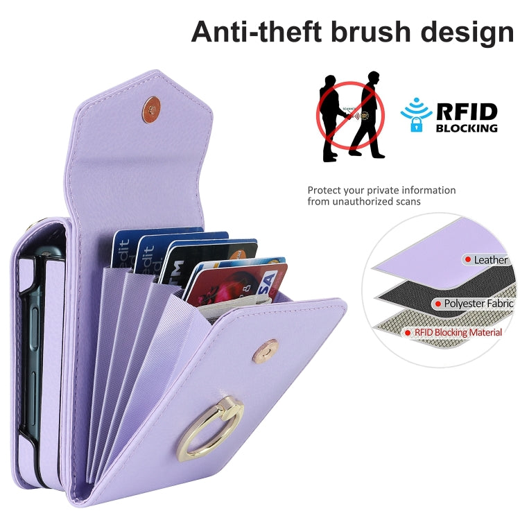 For Samsung Galaxy Z Flip6 / Flip7 FE Litchi Texture RFID Card Slot Phone Case with Ring Holder(Purple) - Galaxy Z Flip6 5G Cases by buy2fix | Online Shopping UK | buy2fix