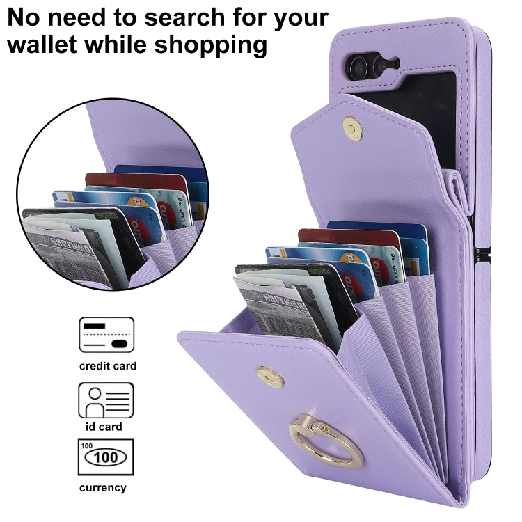 For Samsung Galaxy Z Flip6 / Flip7 FE Litchi Texture RFID Card Slot Phone Case with Ring Holder(Purple) - Galaxy Z Flip6 5G Cases by buy2fix | Online Shopping UK | buy2fix