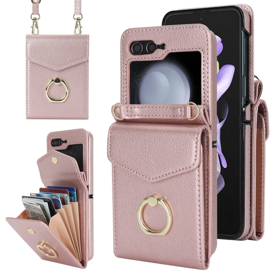 For Samsung Galaxy Z Flip6 / Flip7 FE Litchi Texture RFID Card Slot Phone Case with Ring Holder(Rose Gold)