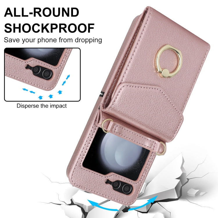 For Samsung Galaxy Z Flip6 / Flip7 FE Litchi Texture RFID Card Slot Phone Case with Ring Holder(Rose Gold) - Galaxy Z Flip6 5G Cases by buy2fix | Online Shopping UK | buy2fix