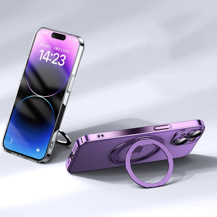 For iPhone 14 Plus Electroplated 360 Degree Bracket MagSafe Magnetic Phone Case(Transparent Purple) - iPhone 14 Plus Cases by buy2fix | Online Shopping UK | buy2fix